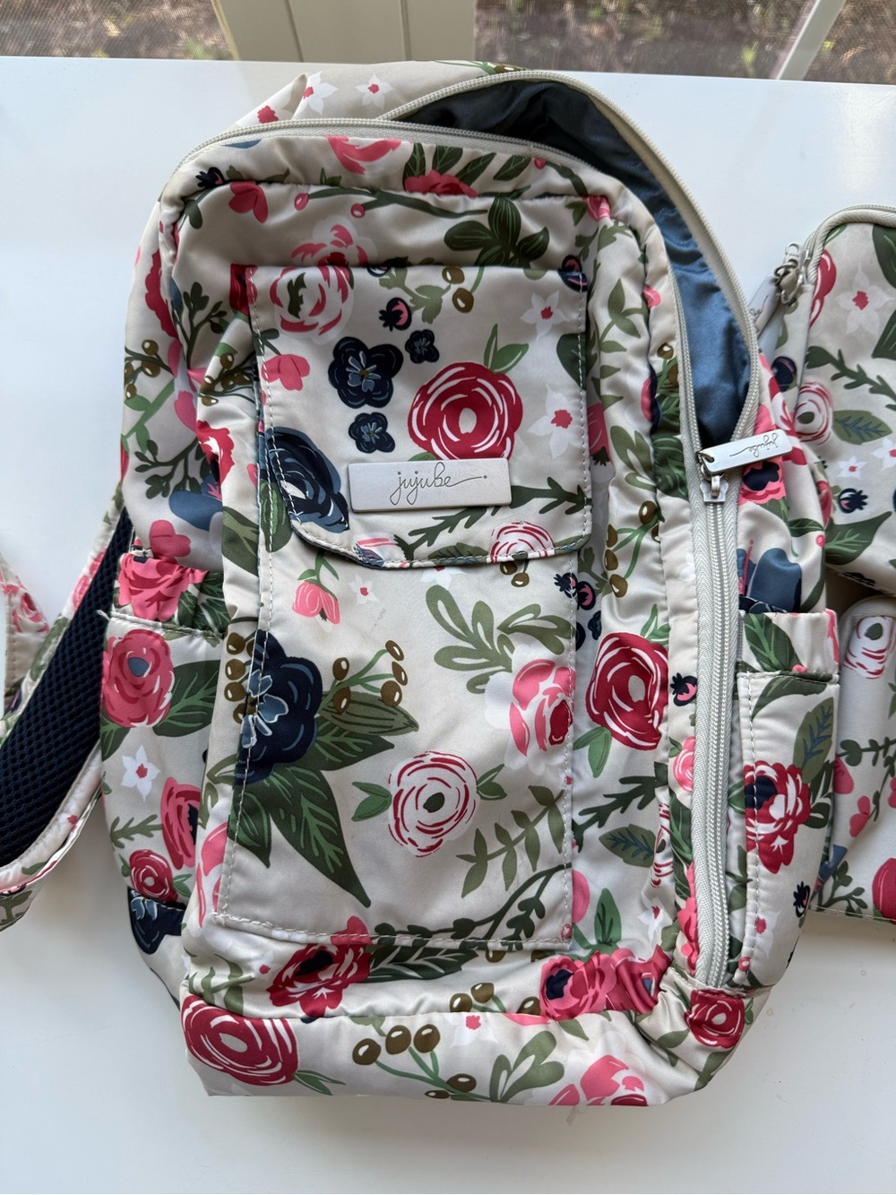 Ju-Ju-Be Cream Floral Backpack with Pink & Navy Accents
